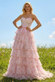 Roze bloemen strapless A-lijn korsetprint met kralenprint lange galajurk met ruches en ruches