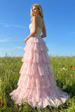 Roze bloemen strapless A-lijn korsetprint met kralenprint lange galajurk met ruches en ruches