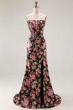 Zwart Roze Bloemen Zeemeermin Strapless Korset Lange Prom Jurk met Split