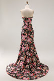 Zwart Roze Bloemen Zeemeermin Strapless Korset Lange Prom Jurk met Split