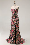 Zwart Roze Bloemen Zeemeermin Strapless Korset Lange Prom Jurk met Split