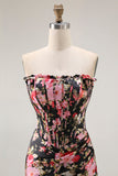 Zwart Roze Bloemen Zeemeermin Strapless Korset Lange Prom Jurk met Split