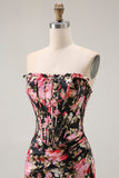 Zwart Roze Bloemen Zeemeermin Strapless Korset Lange Prom Jurk met Split