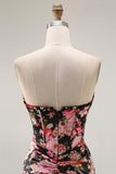 Zwart Roze Bloemen Zeemeermin Strapless Korset Lange Prom Jurk met Split