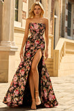 Zwart Roze Bloemen Zeemeermin Strapless Korset Lange Prom Jurk met Split