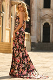 Zwart Roze Bloemen Zeemeermin Strapless Korset Lange Prom Jurk met Split