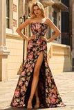 Zwart Roze Bloemen Zeemeermin Strapless Korset Lange Prom Jurk met Split