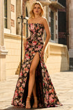 Zwart Roze Bloemen Zeemeermin Strapless Korset Lange Prom Jurk met Split