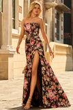 Zwart Roze Bloemen Zeemeermin Strapless Korset Lange Prom Jurk met Split