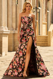 Zwart Roze Bloemen Zeemeermin Strapless Korset Lange Prom Jurk met Split