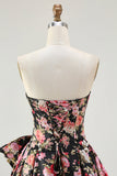Strapless A-lijn witte roze bloemenprint lange galajurk met strik