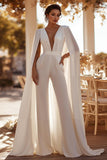 Witte diepe V-hals bruidsjumpsuits met cape