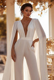 Witte diepe V-hals bruidsjumpsuits met cape
