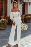 Off the shoulder witte bruidsjumpsuits met kant