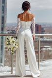 Witte off-shoulder kanten lange bruidsjumpsuits