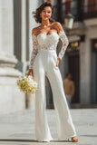 Off The Shoulder Kanten Witte Bruiloft Jumpsuits