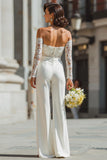 Off The Shoulder Kanten Witte Bruiloft Jumpsuits