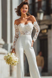 Off The Shoulder Kanten Witte Bruiloft Jumpsuits