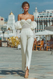 Off The Shoulder Gerimpelde Witte Kant Bruiloft Jumpsuits