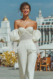 Off The Shoulder Gerimpelde Witte Kant Bruiloft Jumpsuits