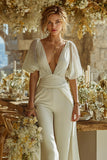Ivoor gerimpelde korte mouw V-hals bruiloft jumpsuits