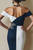 Zwart-wit Off The Shoulder Bodycon Midi Moeder Van De Bruid Jurk Met Split