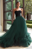 Zwarte en Groene Tule A Line Strapless Lange Formele Jurk