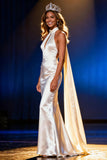 Witte satijnen zeemeermin Halter lange optocht jurk met cape