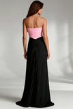 Zwarte en roze strapless gerimpelde schede lange formele jurk