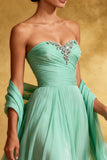 Chiffon Mintgroene Strapless Geplooide A Line Lange Avondjurk