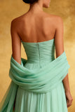 Chiffon Mintgroene Strapless Geplooide A Line Lange Avondjurk