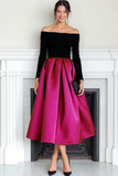 Fuchsia Black Velvet Off the Shoulder Lange Avondjurk met Mouwen