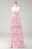 Blush roze A-lijn strapless geplooide gelaagde lange bruidsmeisjesjurk