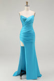 Sprankelende blauwe strapless zeemeermin geplooide lange galajurk met split