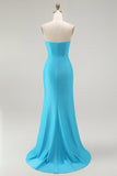 Sprankelende blauwe strapless zeemeermin geplooide lange galajurk met split