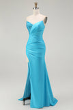 Sprankelende blauwe strapless zeemeermin geplooide lange galajurk met split