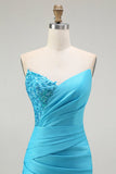 Sprankelende blauwe strapless zeemeermin geplooide lange galajurk met split