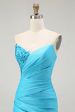 Sprankelende blauwe strapless zeemeermin geplooide lange galajurk met split