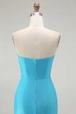 Sprankelende blauwe strapless zeemeermin geplooide lange galajurk met split