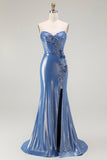 Zeemeermin Korset Pailletten Sweetheart Kralen Blauwe Prom Jurk Met Split