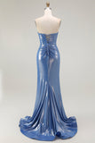 Zeemeermin Korset Pailletten Sweetheart Kralen Blauwe Prom Jurk Met Split