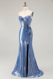 Zeemeermin Korset Pailletten Sweetheart Kralen Blauwe Prom Jurk Met Split