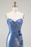 Zeemeermin Korset Pailletten Sweetheart Kralen Blauwe Prom Jurk Met Split