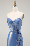 Zeemeermin Korset Pailletten Sweetheart Kralen Blauwe Prom Jurk Met Split