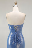 Zeemeermin Korset Pailletten Sweetheart Kralen Blauwe Prom Jurk Met Split