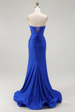 Koningsblauwe zeemeermin strapless veterjurk met kralen op de rug en split