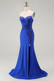 Koningsblauwe zeemeermin strapless veterjurk met kralen op de rug en split