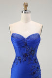 Koningsblauwe zeemeermin strapless veterjurk met kralen op de rug en split