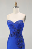 Koningsblauwe zeemeermin strapless veterjurk met kralen op de rug en split