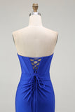 Koningsblauwe zeemeermin strapless veterjurk met kralen op de rug en split